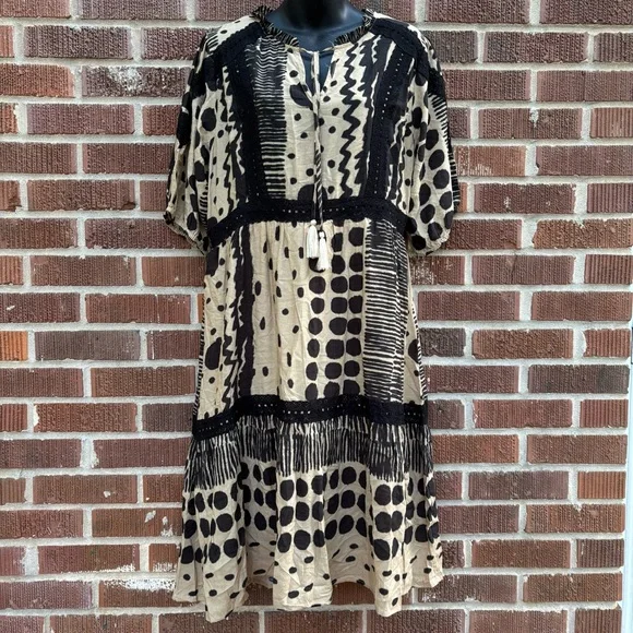 THML Raina Dress Size XL black tan Midi Dress Tasseled, Lace Accents 3/4 sleeve - Picture 1 of 9